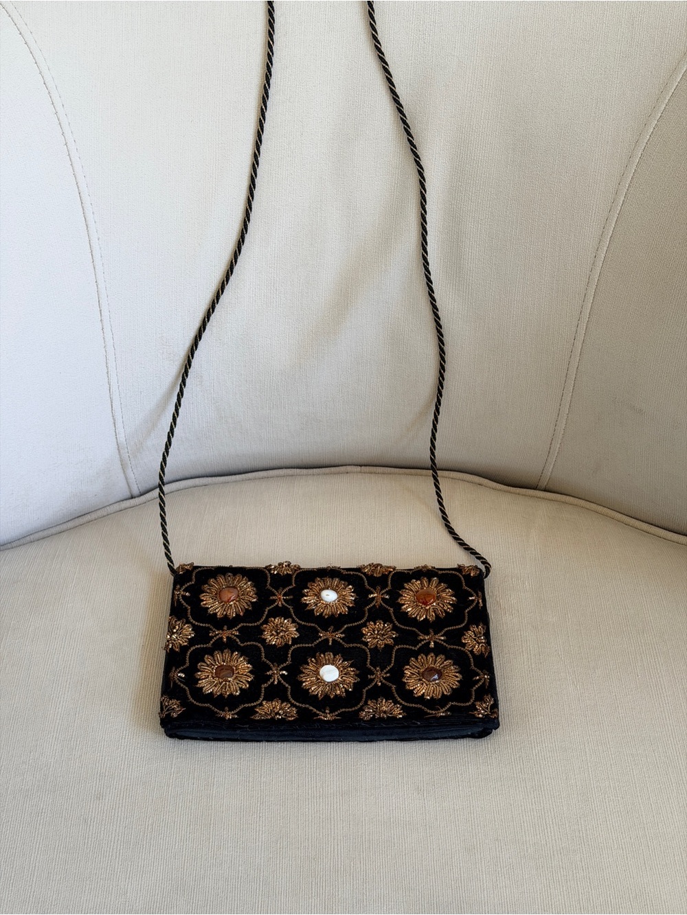 Vintage Embroidered Black & Gold Floral Crossbody Bag